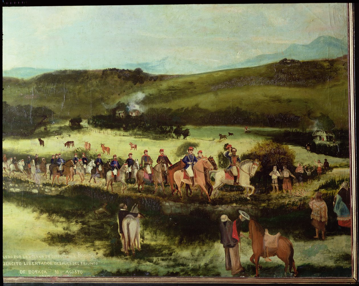 Simon Bolivar (1783-1830) a Francisco de Paula Santander (1792-1840) cestující do Bogoty s armádou Libertadorů po vítězství v Boyaca, 10. srpna 1829 od Francisco de Paula Alvarez