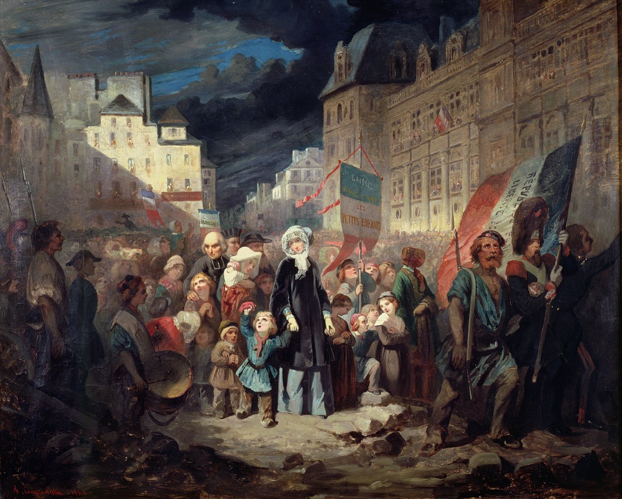 Madame Lamartine adoptovala děti vlastenců zabitých na barikádách v Paříži během revoluce 1848, 1848 od Francois Claudius Compte Calix