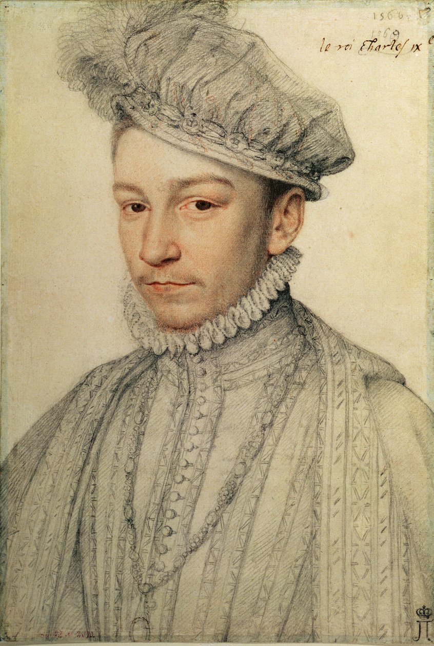 Portrét francouzského krále Karla IX., 1566 (černá křída a sangvinik) od François Clouet