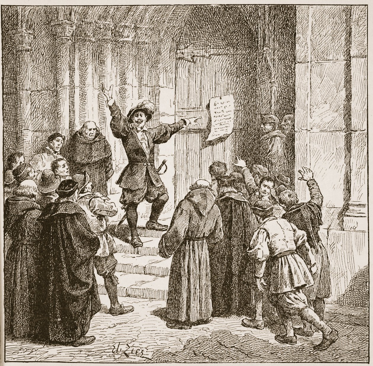 Aske připevňuje své prohlášení na dveře katedrály v Yorku, ilustrace z knihy "The Church of England: A History for the People" od H.D.M. Spence-Jonese, vyd. cca 1910 (sépiová fotografie). od Francois Edouard Zier
