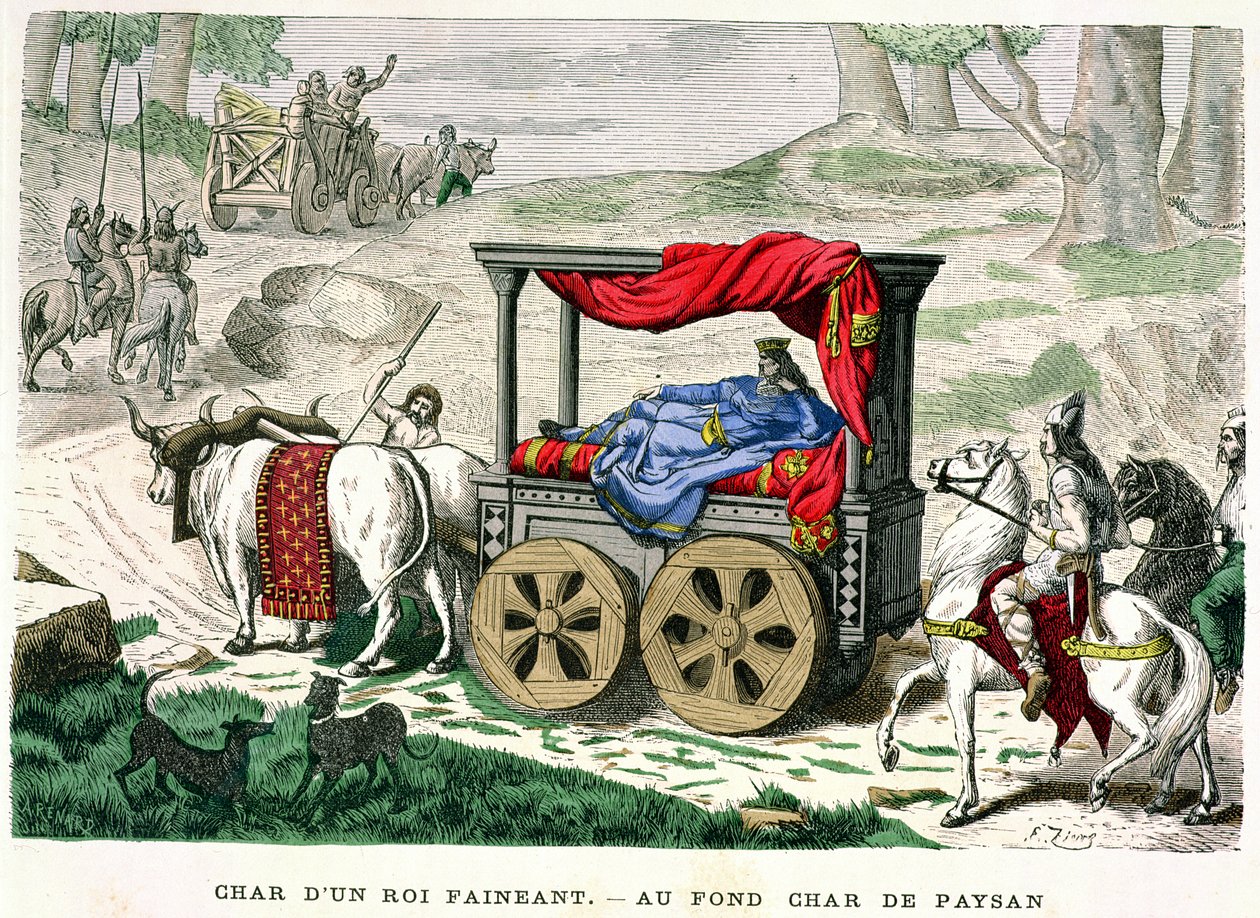 Vůz jednoho z "Rois Faineants" neboli pozdějších merovejských králů, ilustrace z knihy "Costumes de Paris a Travers les Siecles" od H. Gourdona de Genouillac, vyryl A. Renard, 1879 (kolorováno en). od Francois Edouard Zier