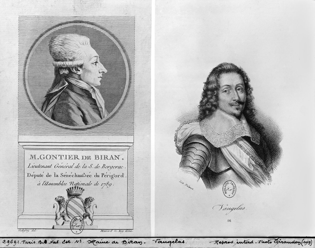 Portrét Marie Francois Gontier de Biran známý jako Maine de Biran (1766-1824), Portrét Clauda Favre de Vaugelase (1585-1650) vyrytý Francoisem Seraphinem Delpechem (1778-1825) a Massardem (19.) ( od Adrien Pierre Francois Godefroy