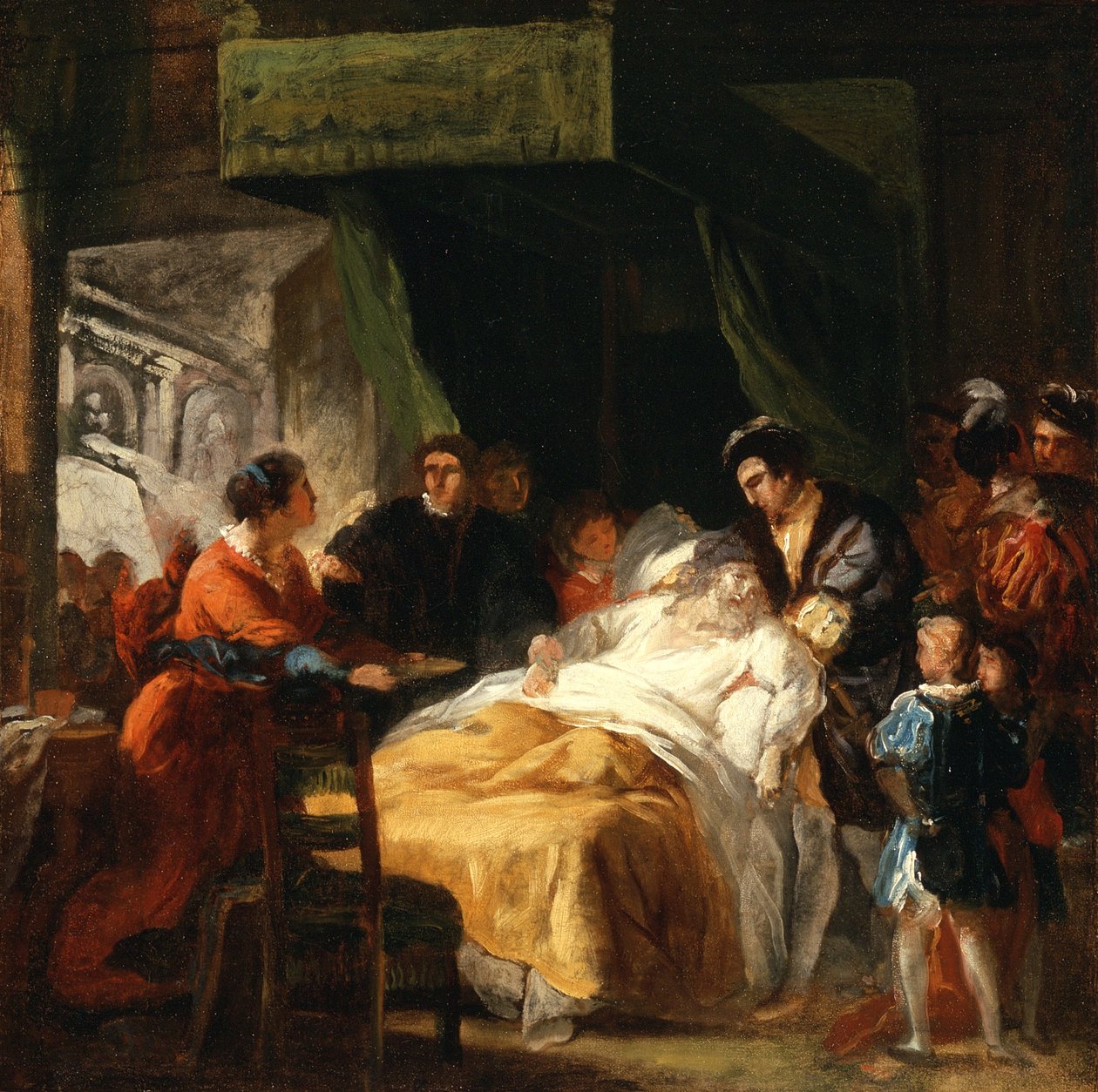 Smrt Leonarda da Vinciho v náručí Françoise I., kolem roku 1781 od Francois Guillaume Menageot