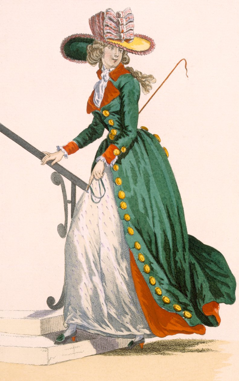 Dáma v jezdeckém oděvu v německém stylu, rytina Le Beau, deska č. 250 z "Galeries des Modes et Costumes Francais", asi 1778-87. od Francois Louis Joseph Watteau