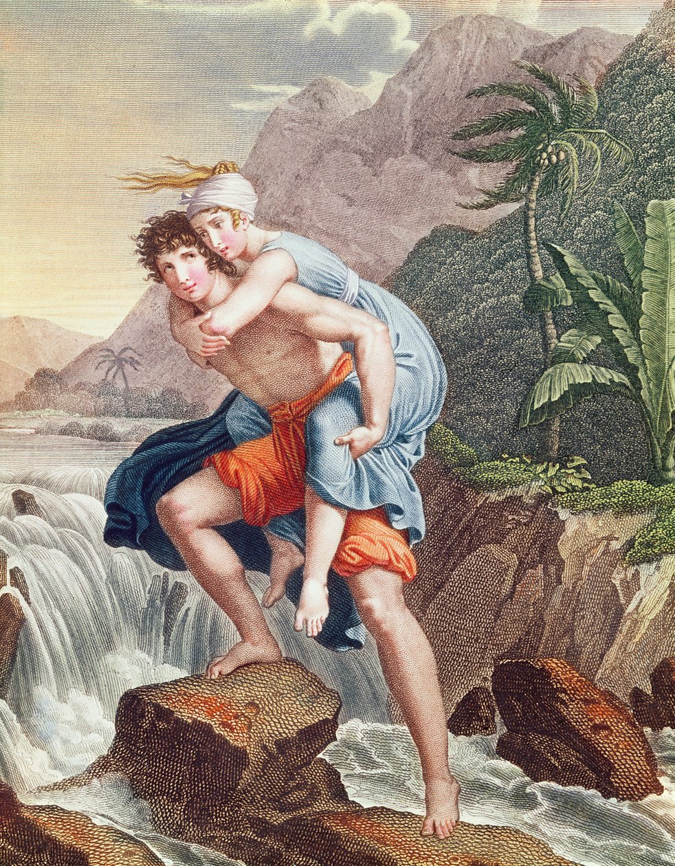 Paul nesoucí Virginii přes řeku, 1805 (barevná rytina) od Francois Pascal Simon Gerard