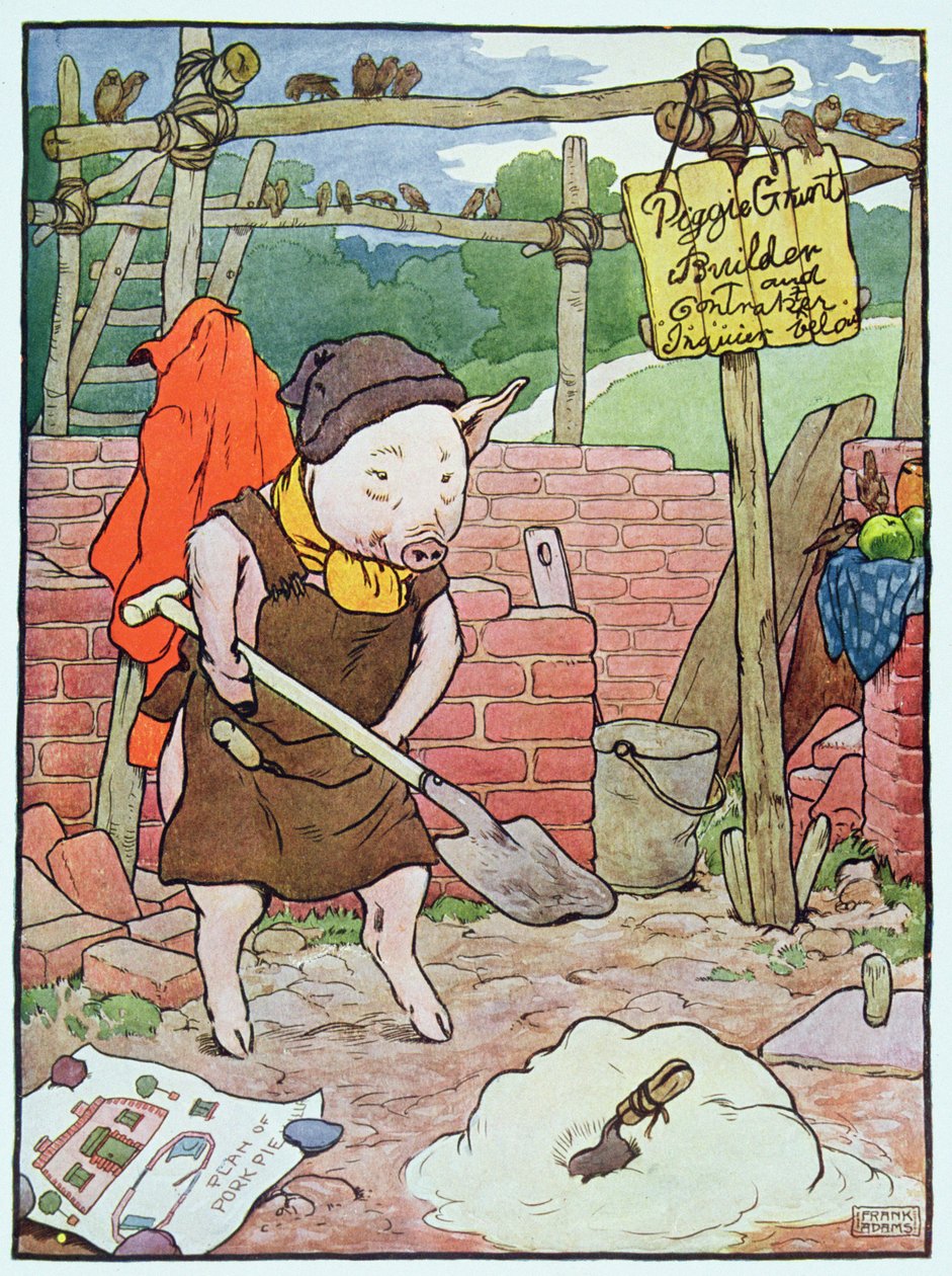 „A prasátko postavilo dům z cihel“, ilustrace z „Tři prasátka“, vydaného ve 30. letech 20. století od Frank Adams