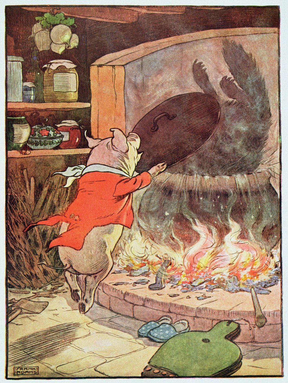 „Vlk se šplouchnutím spadl do vody“, ilustrace z „Tři prasátka“, vydaného ve 30. letech 20. století od Frank Adams