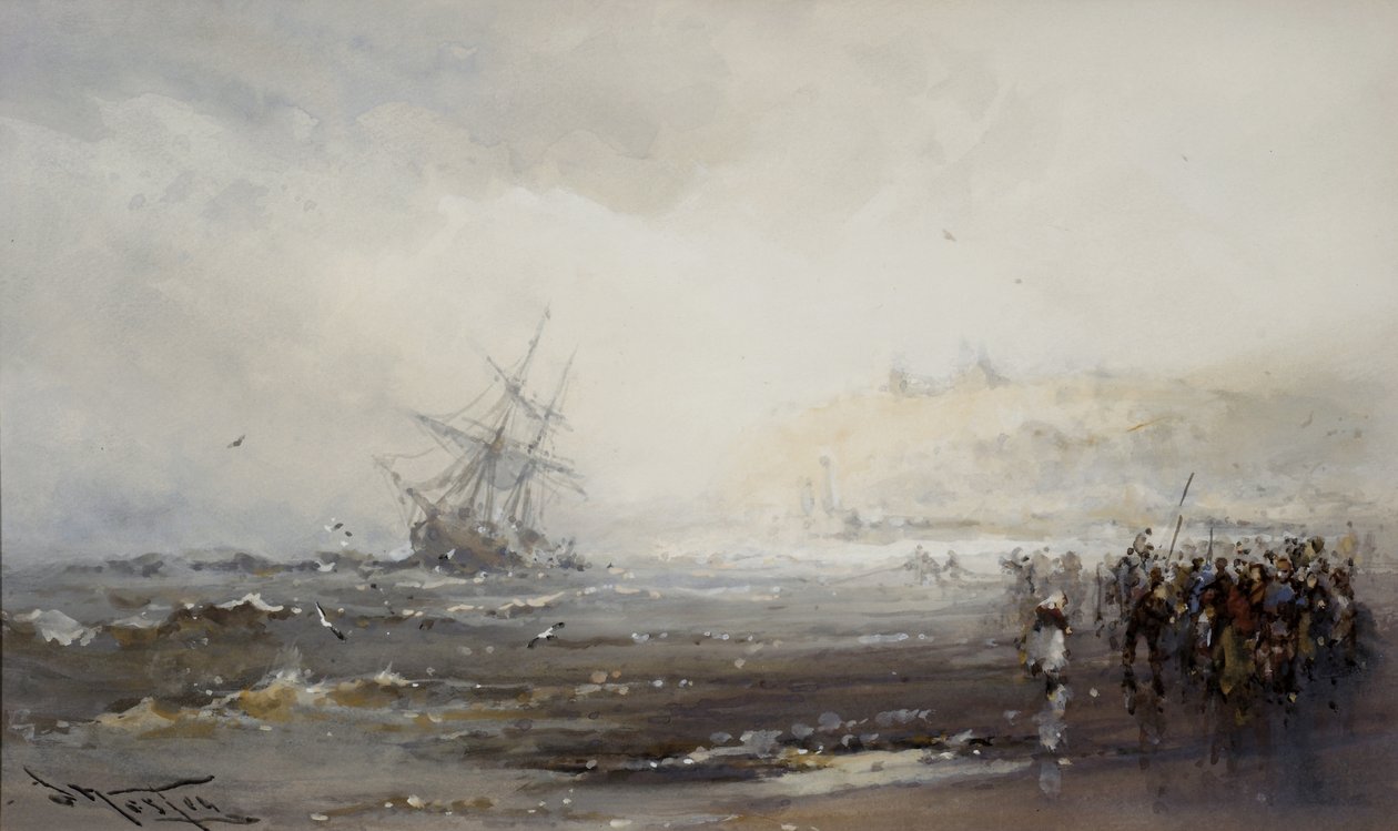 Vrak ve Whitby, cca 1870 (wc na papíře) od Frank Wesley