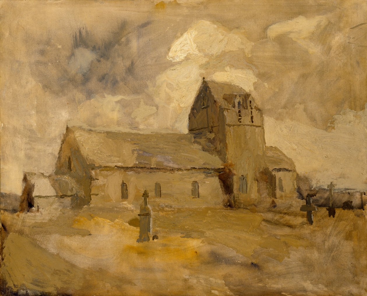 Vesnický kostel a hřbitov, Bretaň, n. d. od Frank Edwin Scott