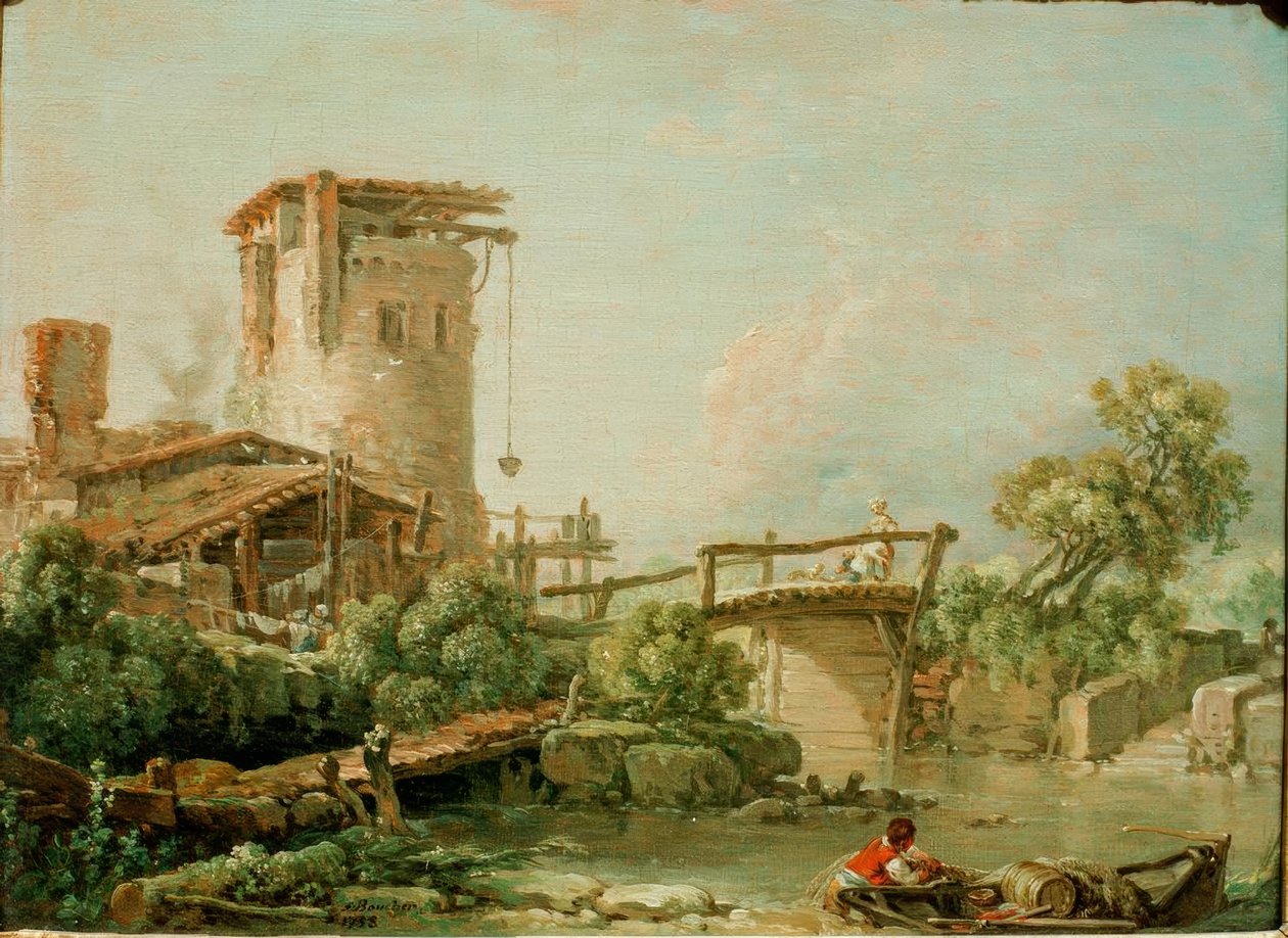 Krajina s věží a mostem od François Boucher