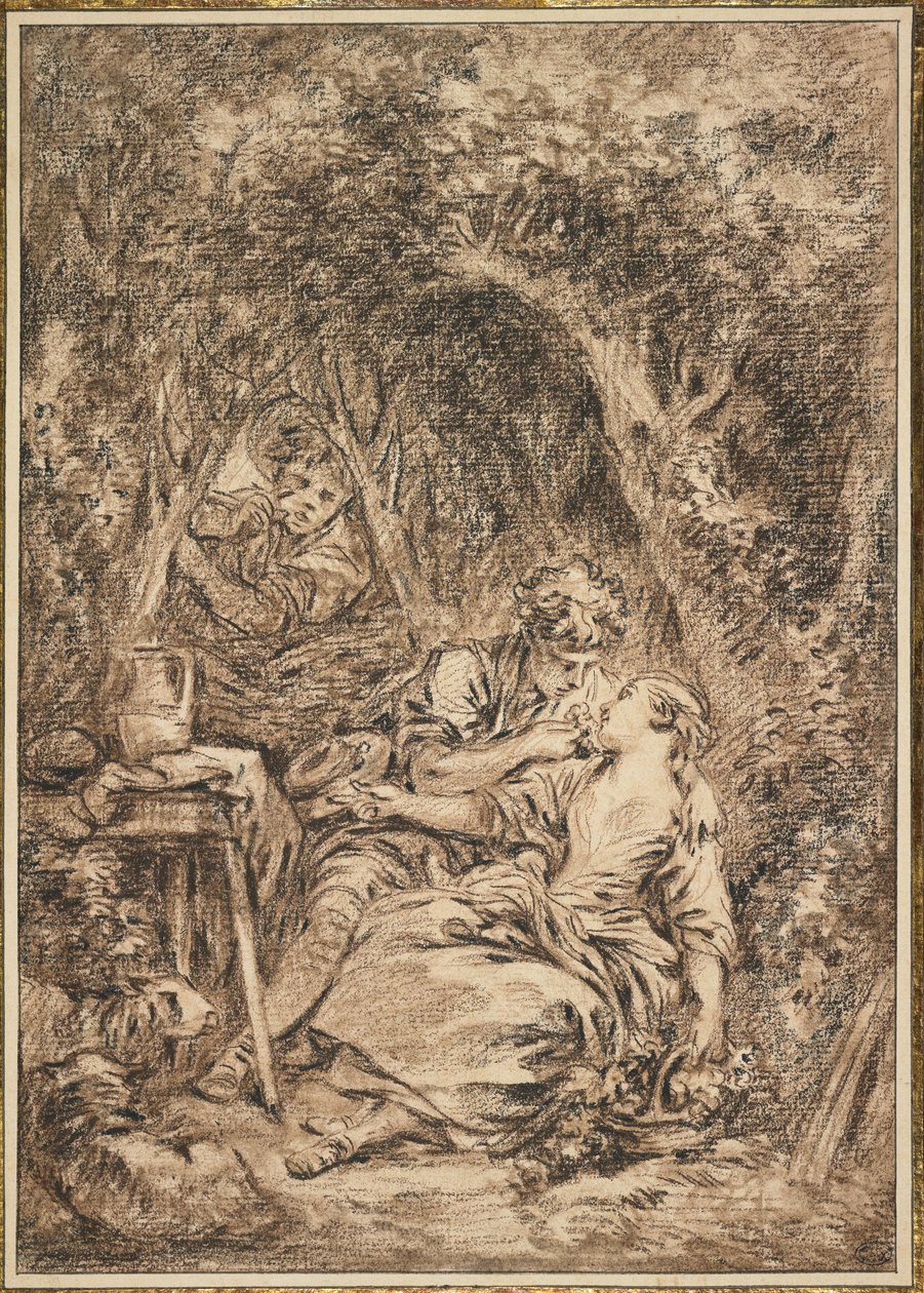 Milenci překvapeni (Annette et Lubin), počátek 60. let 18. století (hnědá a černá křída, doteky hnědé barvy) od François Boucher
