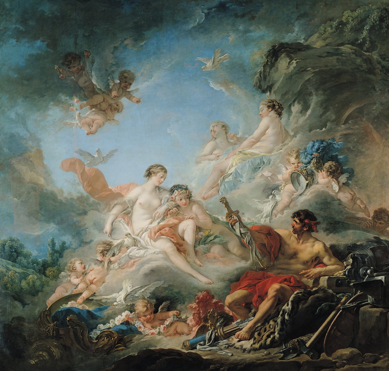 The Forge of Vulcan neboli Vulkán představující zbraně pro Aenea Venuši, kreslený gobelín, 1757 od François Boucher