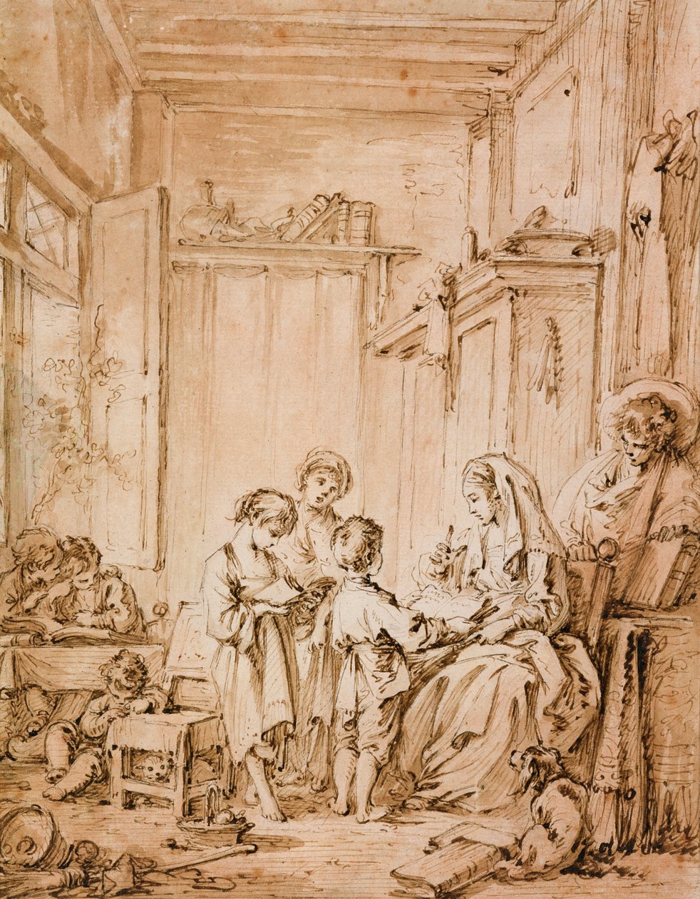 Škola (inkoust a hnědá barva na papíře) od François Boucher