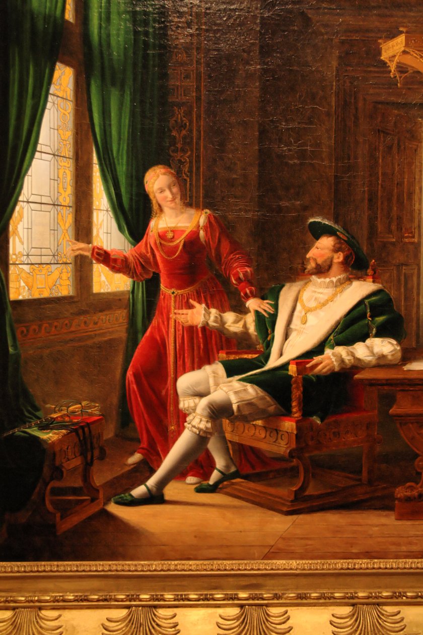František I. ukazuje své sestře Markétě Navarrské verše, které právě napsal na okno s diamantem. od François Fleury Richard