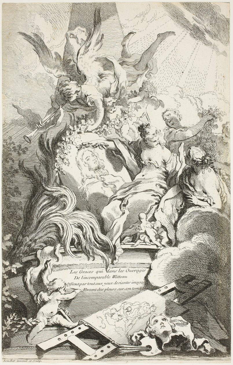 Grácie na Watteauově hrobce od François Boucher
