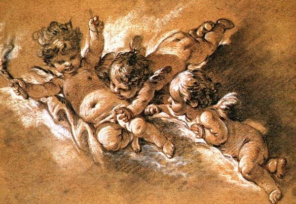 Tři putti v oblacích (křída) od François Boucher