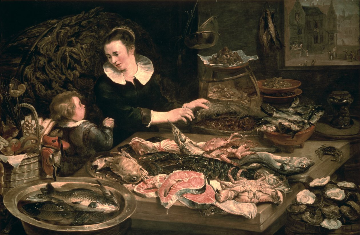 Obchodník s rybami od Frans Snyders or Snijders