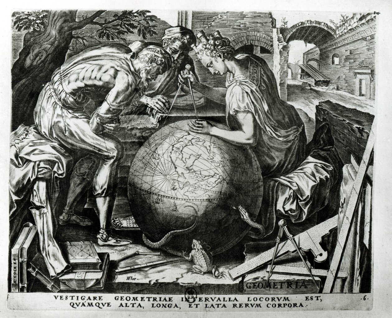Geometrie, vyryla Hieronymus Cock (c.1510-70) od Frans Floris