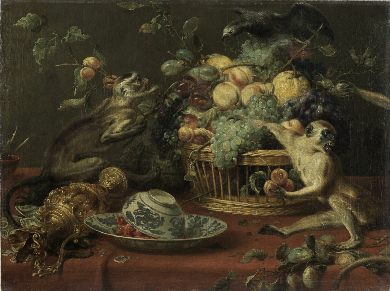 Opice a papoušek u koše s ovocem od Frans Snyders