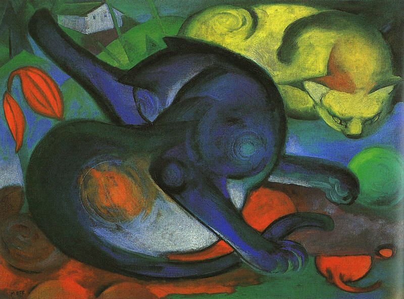 Dvě kočky, modrá a žlutá od Franz Marc