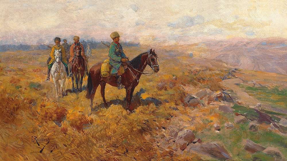 Ozbrojení kavkazští jezdci na hlídkách od Franz Roubaud