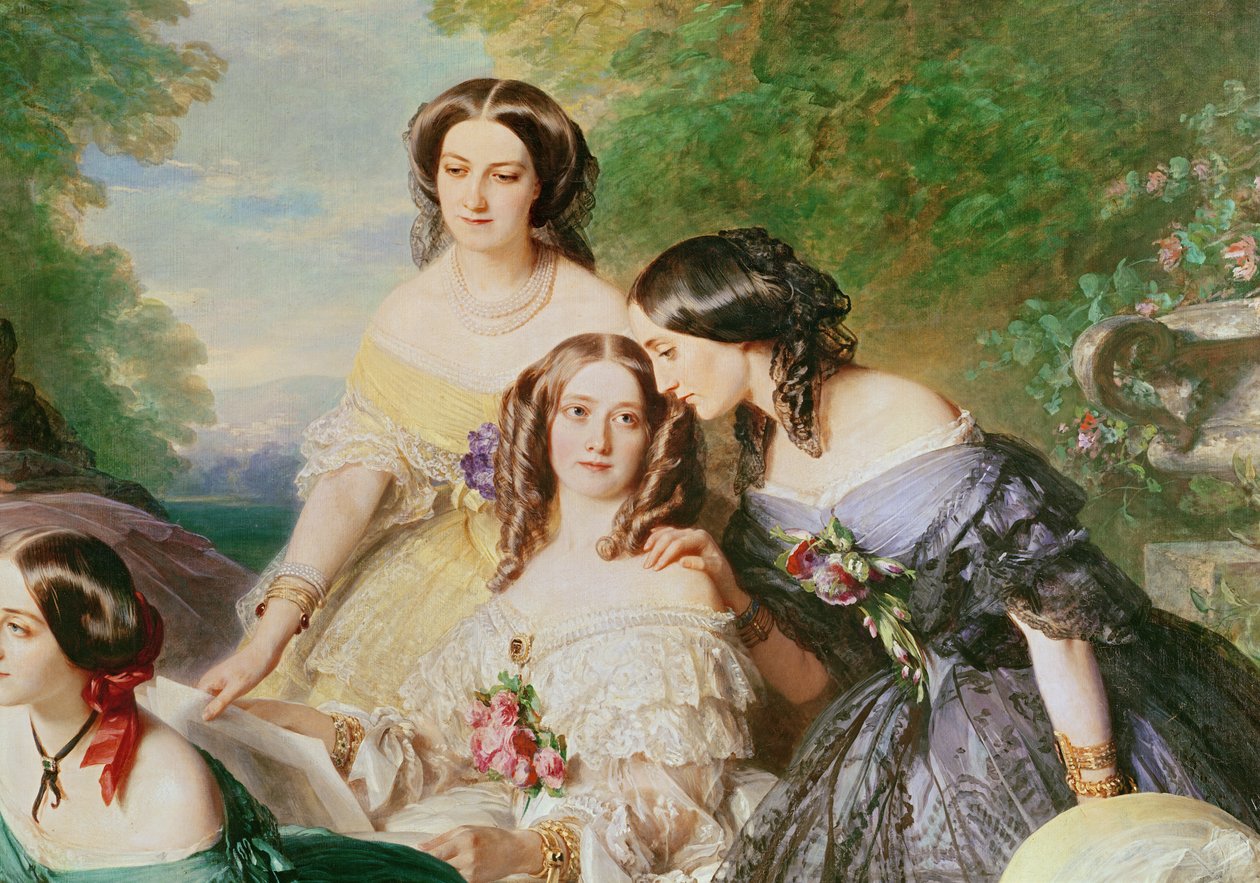 Císařovna Eugenie 1826-1920 a její dámy v čekání, detail baronky de Malaret, žluté šaty rozené Nathalie de Segur, bílé šaty Marquise de las Marismas & Marquise de La Tour Maubourg and the Marqu od Franz Xaver Winterhalter