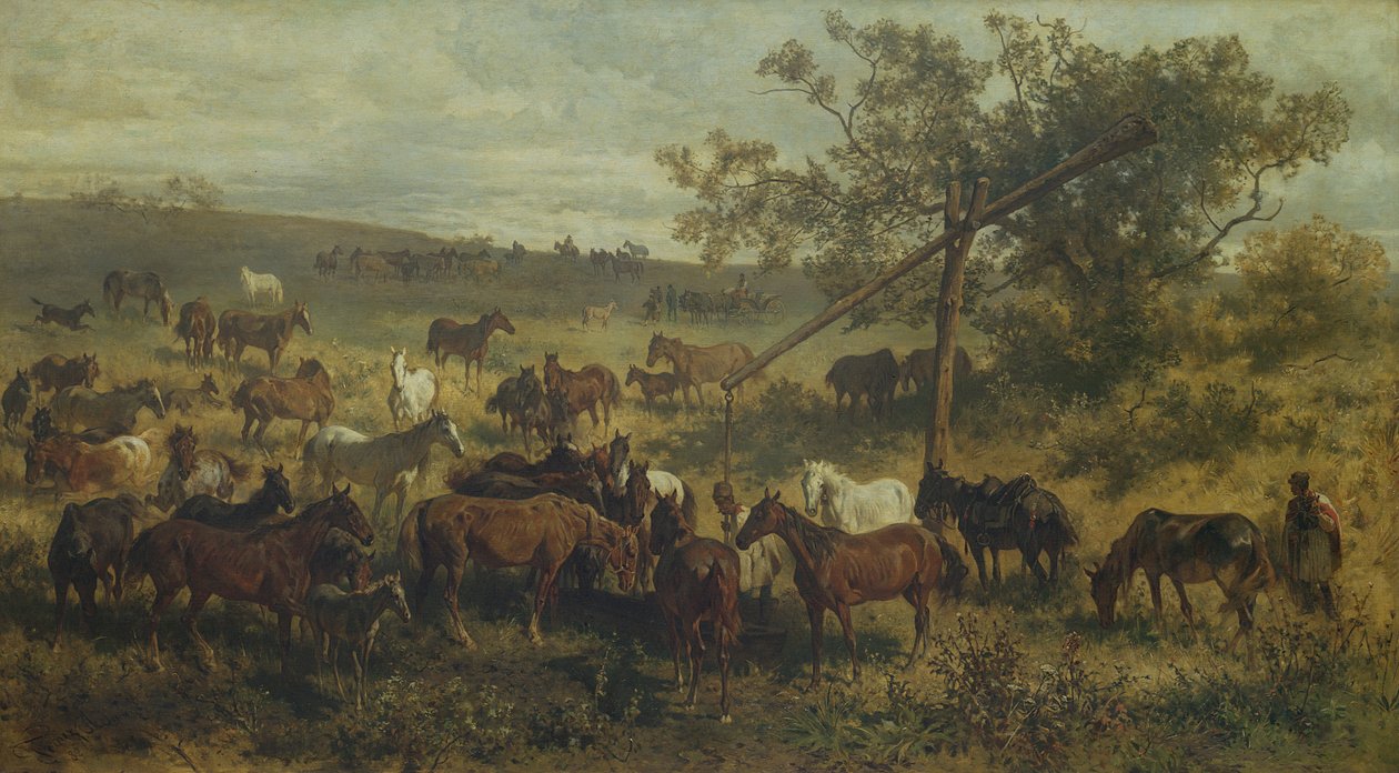 Koně u koryta, 19. století od Franz Adam