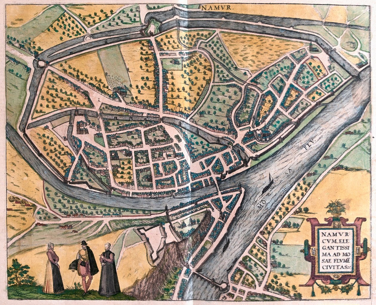 Namur a řeka Mása, Belgie (rytina od Franz Hogenberg