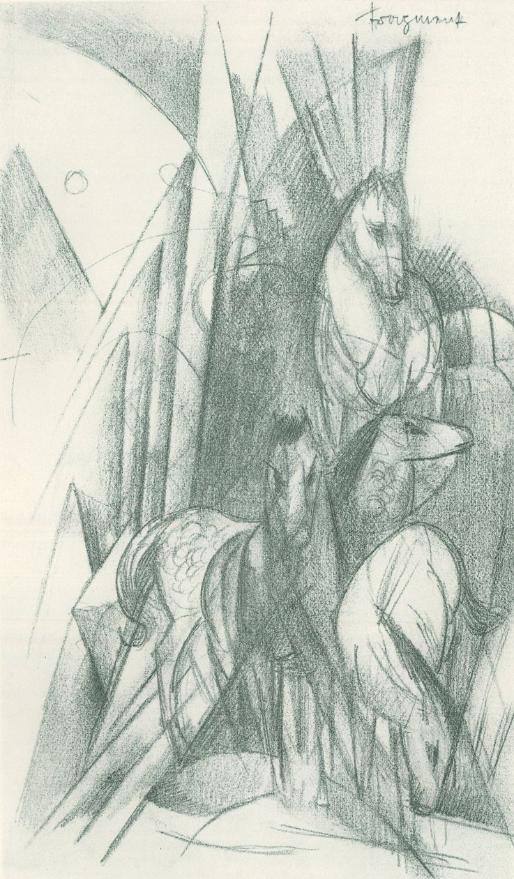 Kompozice koní a abstraktních tvarů od Franz Marc