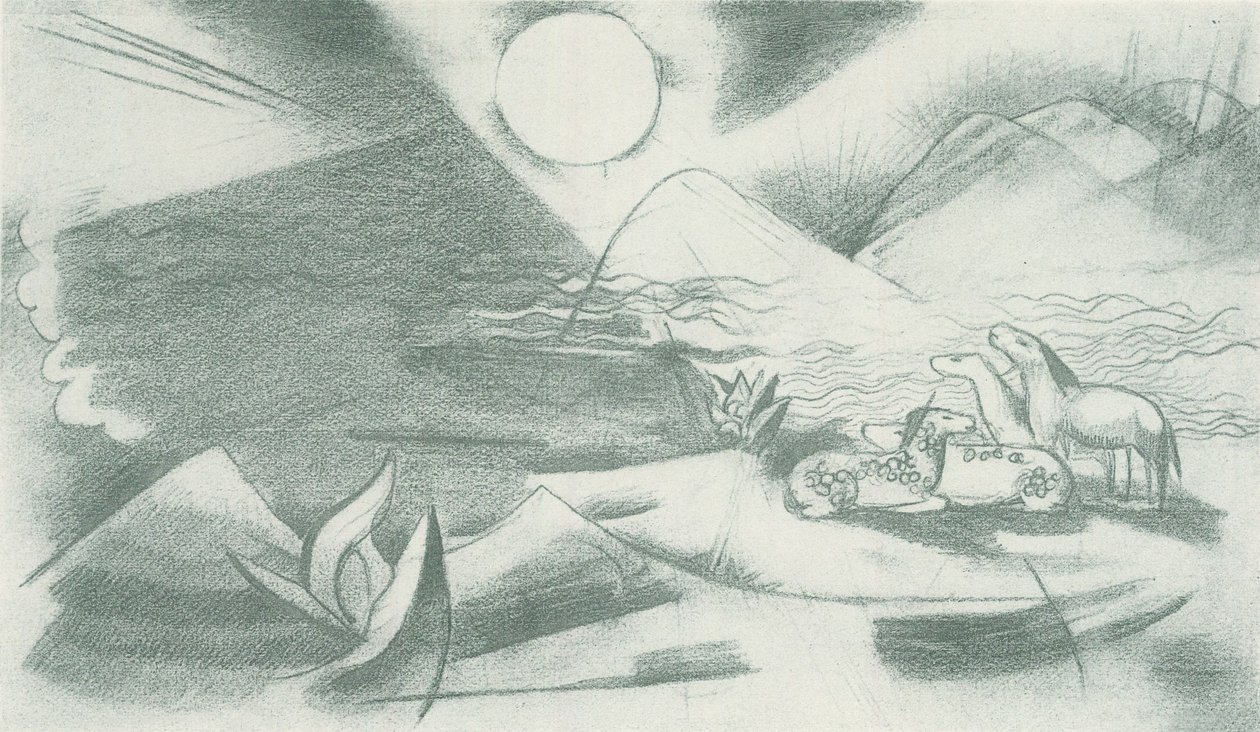 Nedotčená krajina se sluncem, horami a skupinou koní od Franz Marc