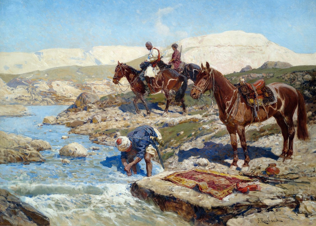 Čerkesští jezdci přes řeku od Franz Roubaud