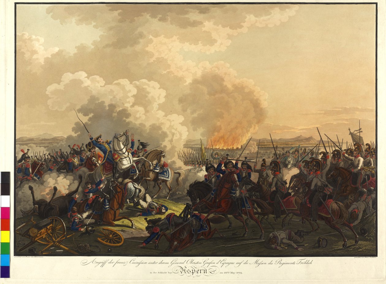 Bitva u Aspern 1809 (kolorovaná rytina) od Franz von Habermann