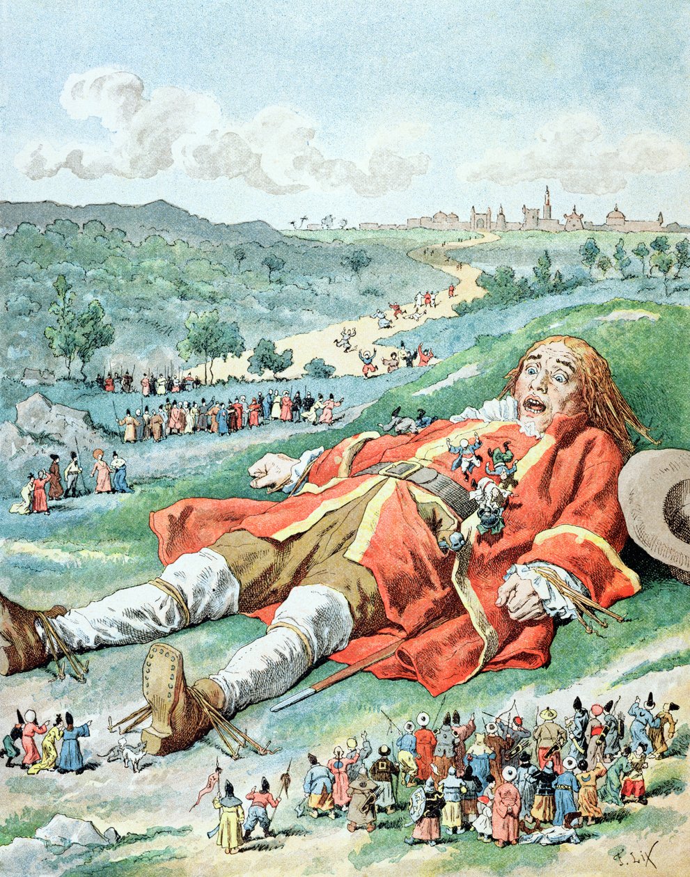 Našel jsem své ruce a nohy přivázané k zemi...", ilustrace z knihy Jonathana Swifta (1667-1745) "Gulliverovy cesty". od Frederic Theodore Lix