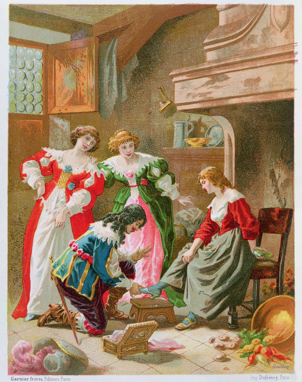 Popelka zkouší skleněný střevíček, z „Les Contes de Perrault“ (chromolitho) od Frederic Theodore Lix