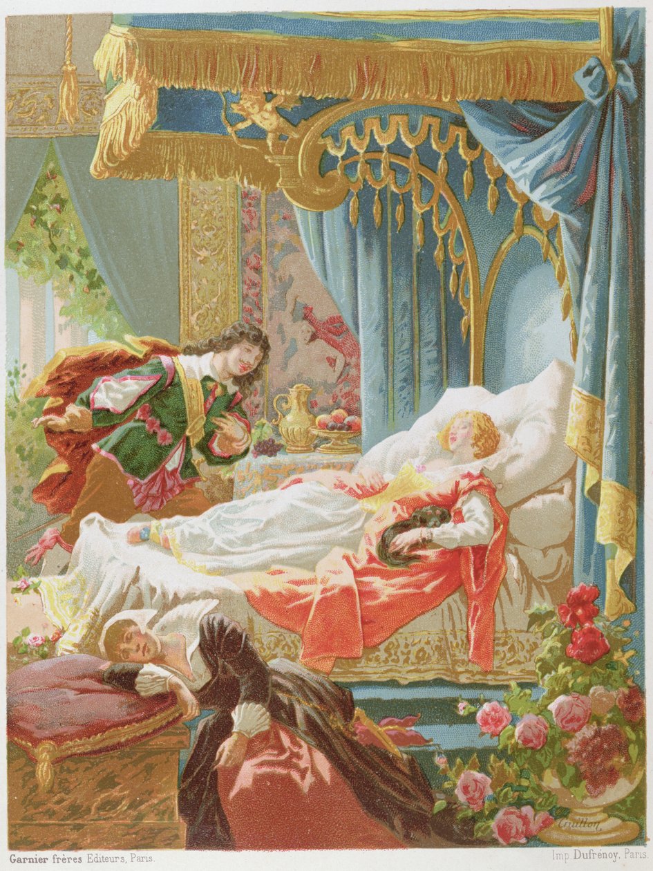 Šípková Růženka a Okouzlující princ, ilustrace z edice pohádek Charlese Perraulta (1628-1703) vyryté Cruillonem, konec 19. stol. od Frederic Theodore Lix