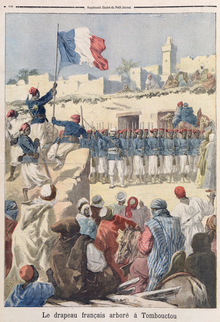 Vztyčení francouzské vlajky v Timbuktu (Mali) z „Le Petit Journal“, únor 1894 od Frederic Theodore Lix