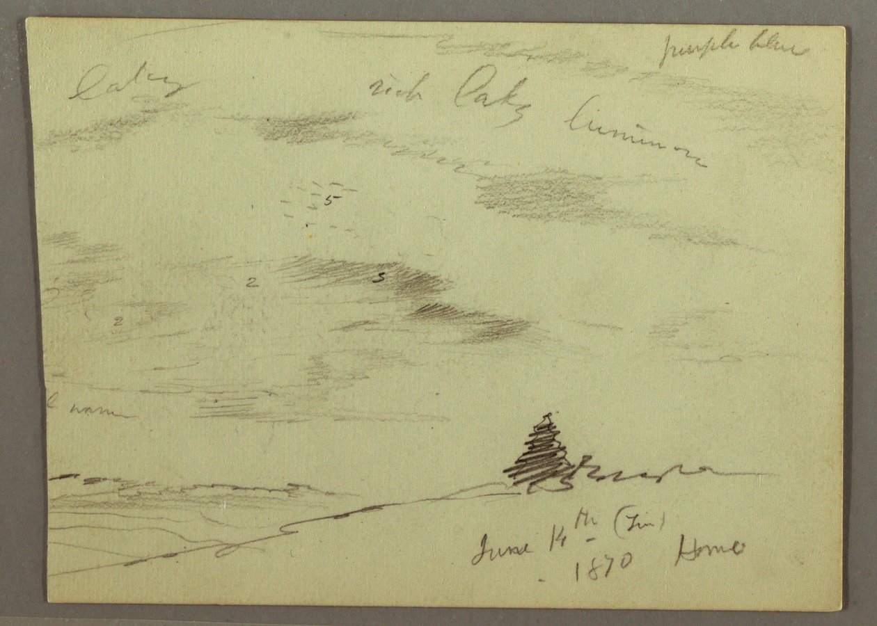 Kresba, Oblačná obloha, úbočí kopce, 1870 od Frederic Edwin Church