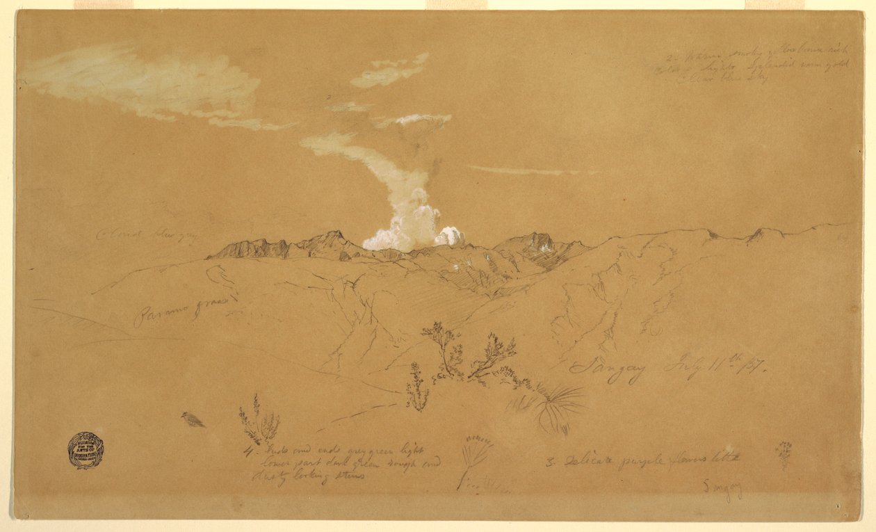 Kresba, sopka, Sangay, 11. července 1857 od Frederic Edwin Church