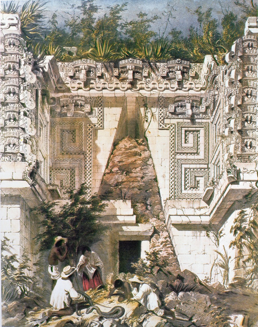 Palác guvernérů, Uxmal, Yucatan, Mexiko, 1844 (barevné lito) od Frederick Catherwood