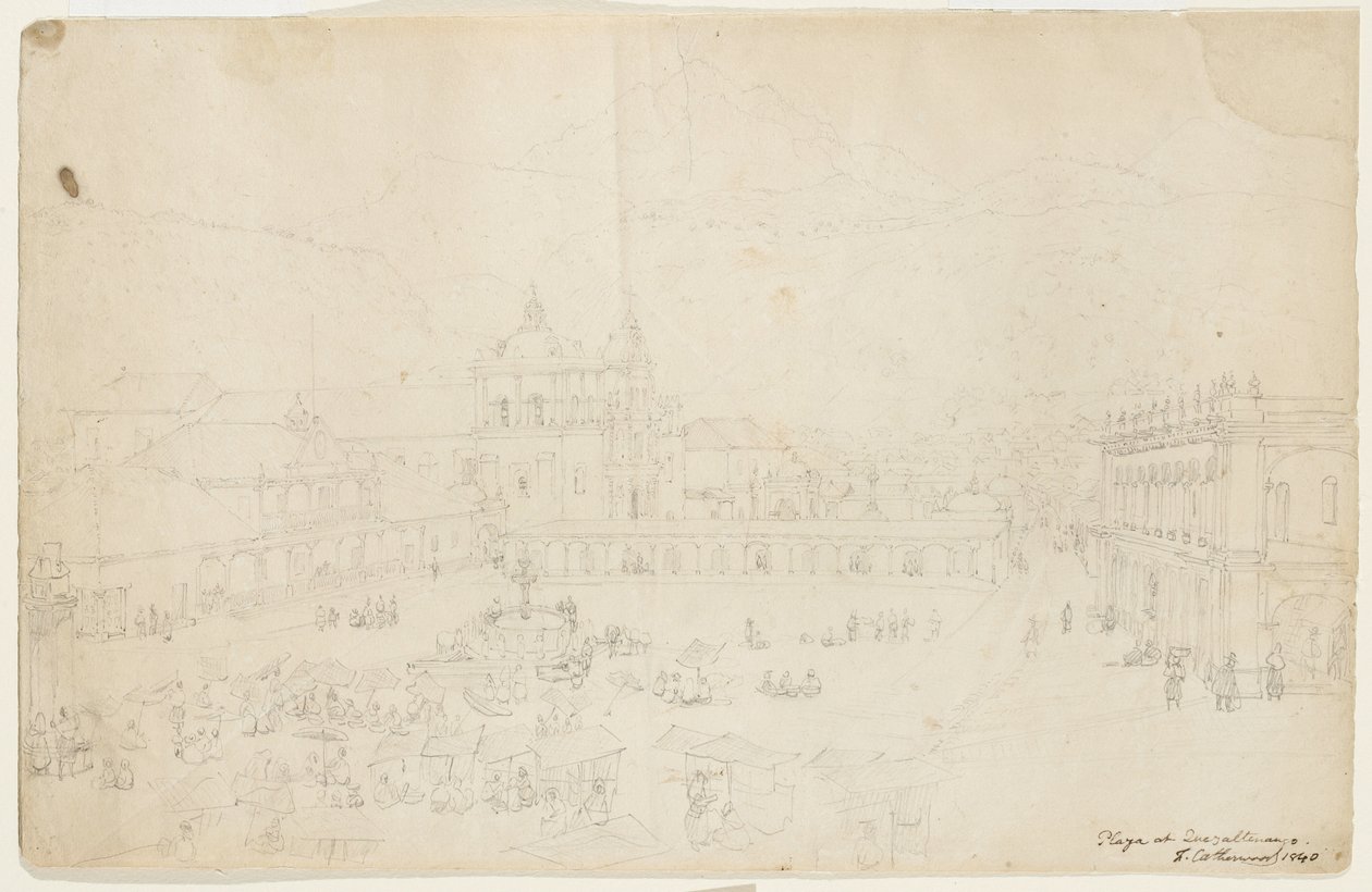 Plaza at Quezaltenango, 1840 (grafit na krémově tkaném papíru) od Frederick Catherwood