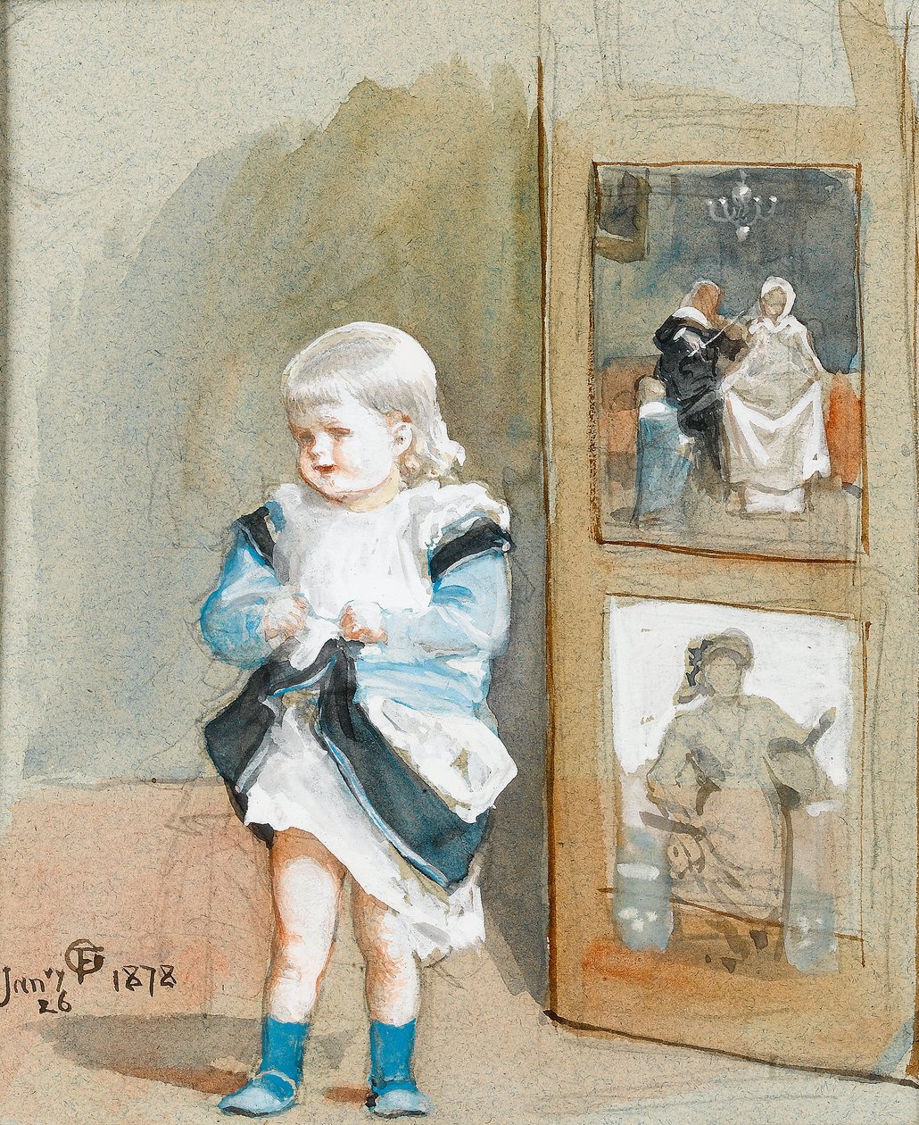 Frederica, dcera umělců, stojící u malovaného plátna, 1878 (wc na papíře) od Frederick Goodall