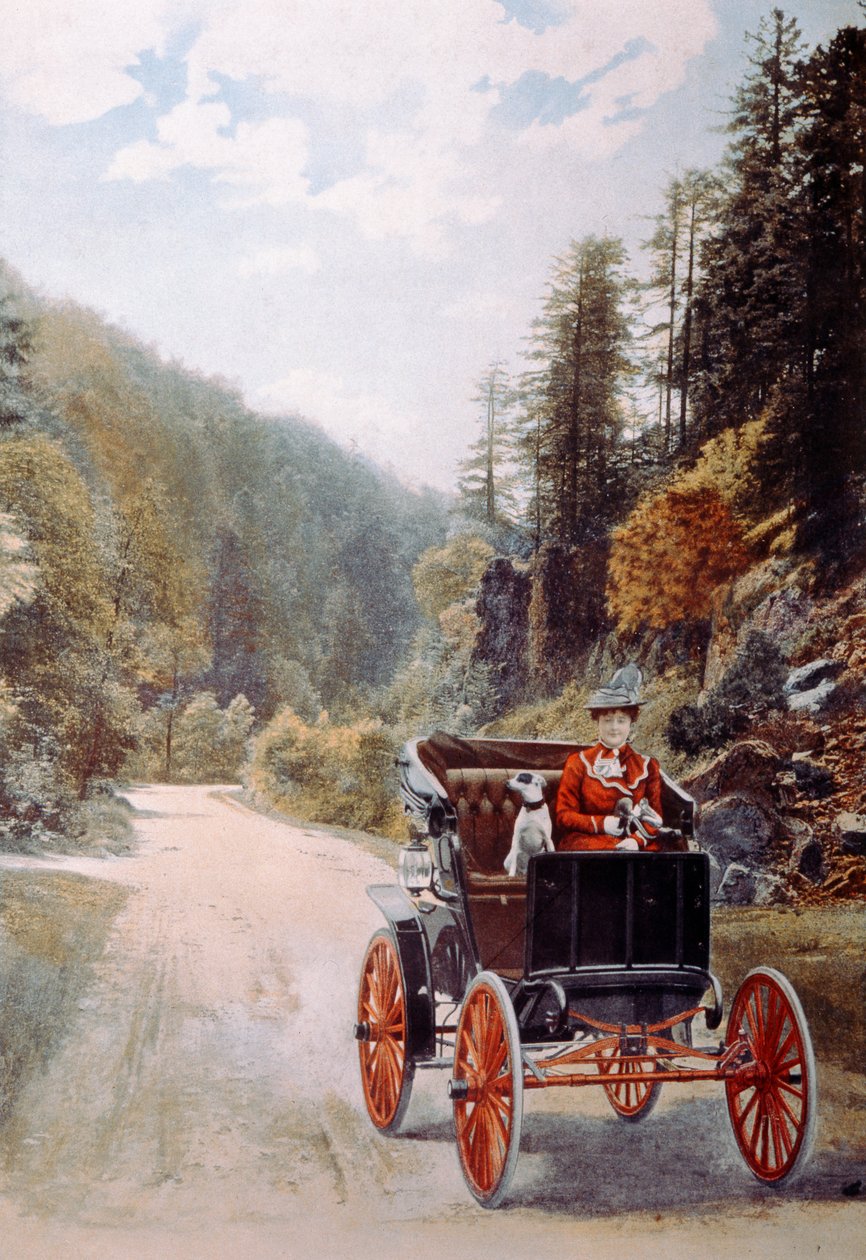 Pohlednice zobrazující usměvavou řidičku sedící se psem v raném motorovém voze, kolem roku 1910 od French Photographer
