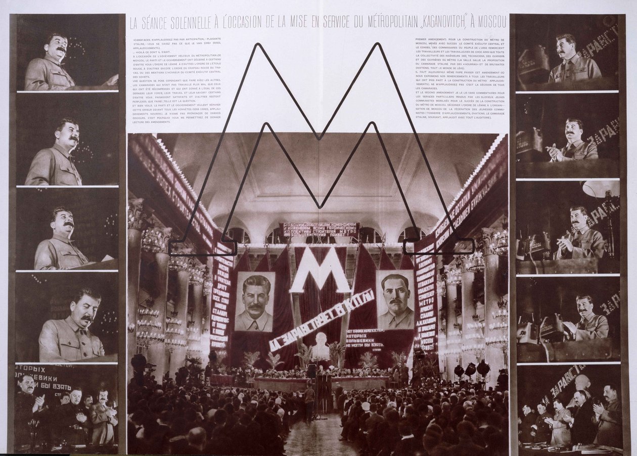 Stalin inauguroval metro Kaganovič v Moskvě, z článku v LU.R.S.S. ve stavebnictví. srpna 1935 od French Photographer