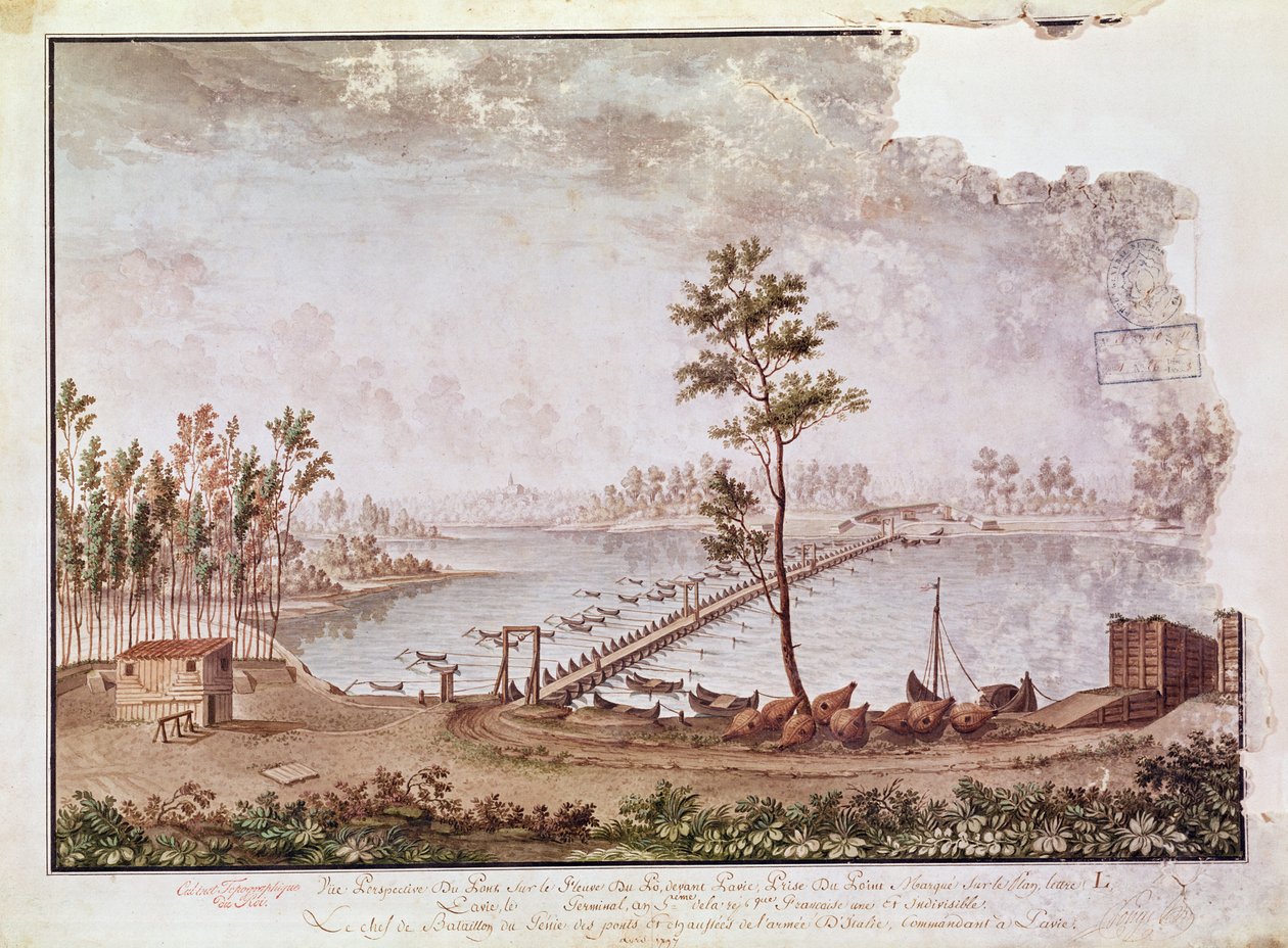 Pohled na most přes řeku Pád v Pavii, 1797 od French School