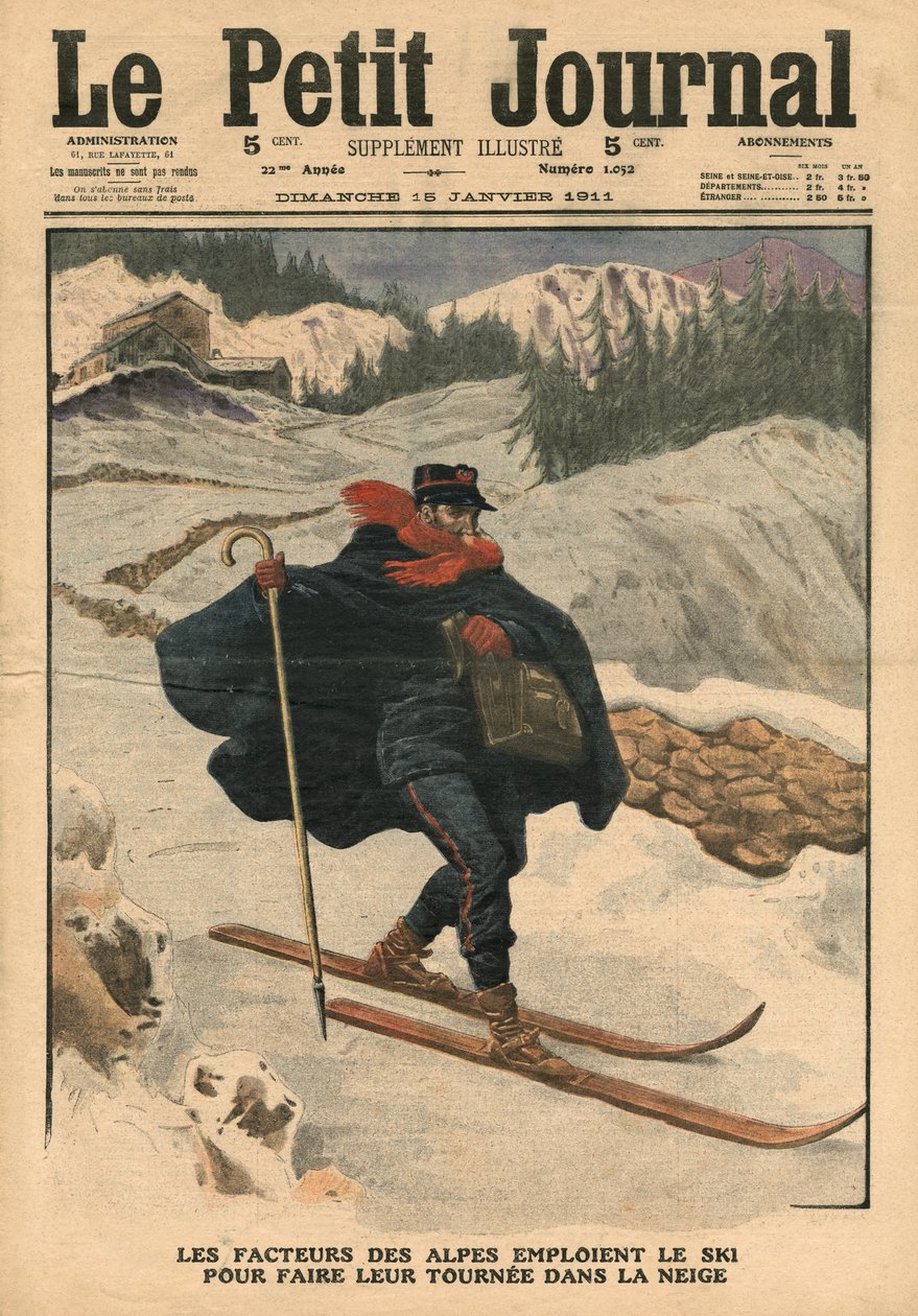 Alpští pošťáci při obchůzce na sněhu používají lyže, ilustrace z "Le Petit Journal", supplement illustre, 15. ledna 1911. od French School
