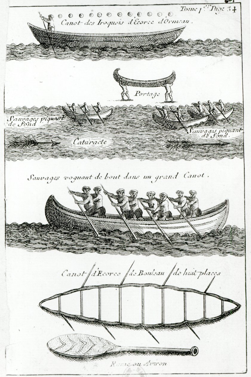 Kanoe Irokézů, z „Dialogues de M. le baron de Lahontan et d