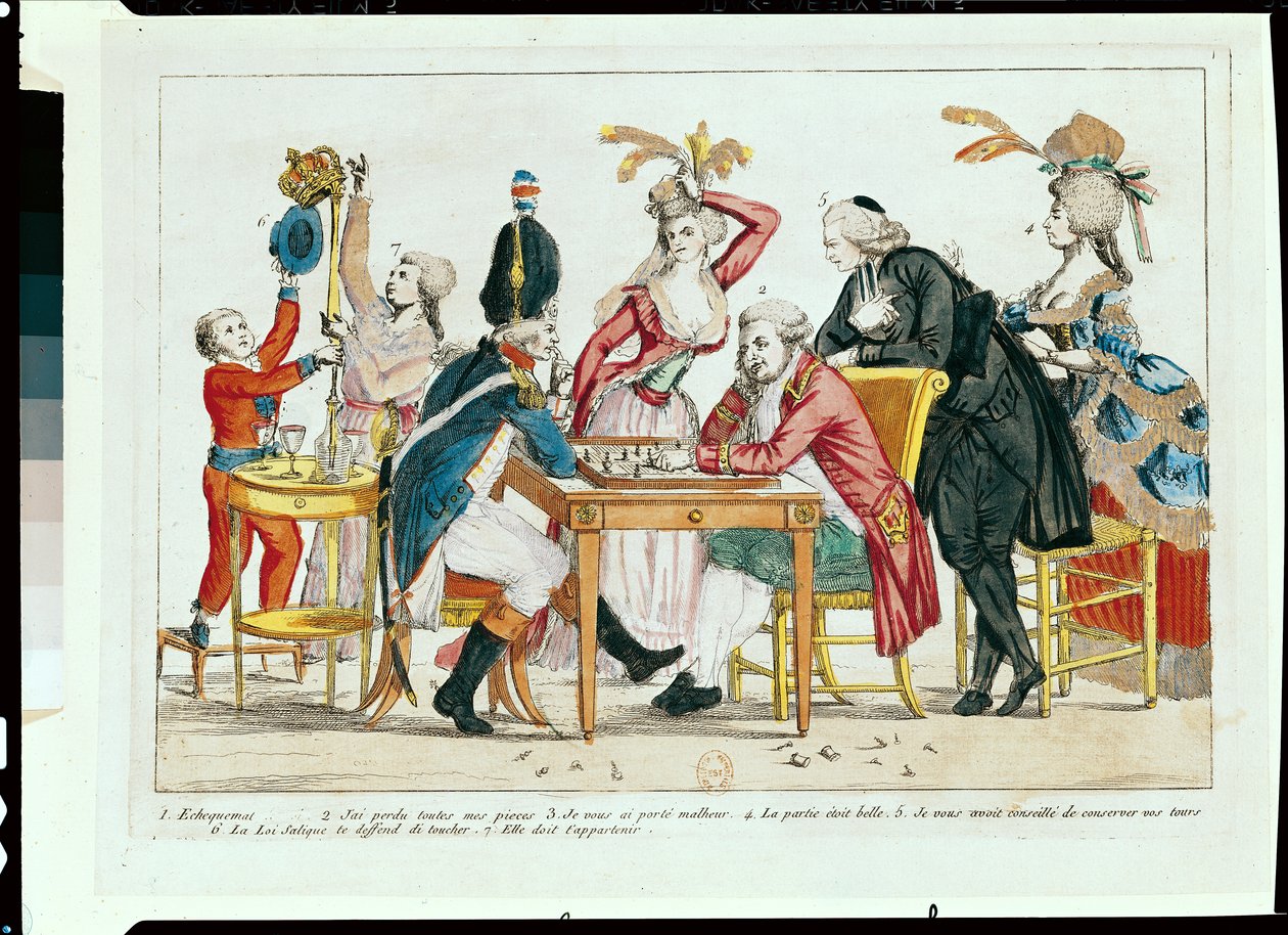 Karikatura Ludvíka XVI. (1754-93) hrajícího šachy s vojákem Národní gardy od French School