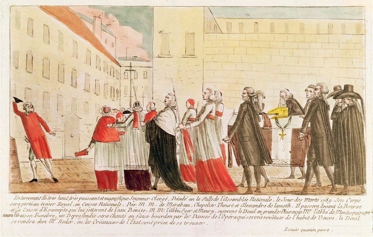 Karikatura pohřbu duchovenstva po znárodnění církevního majetku, 1789 (pero a inkoust a wc na papíře) od French School