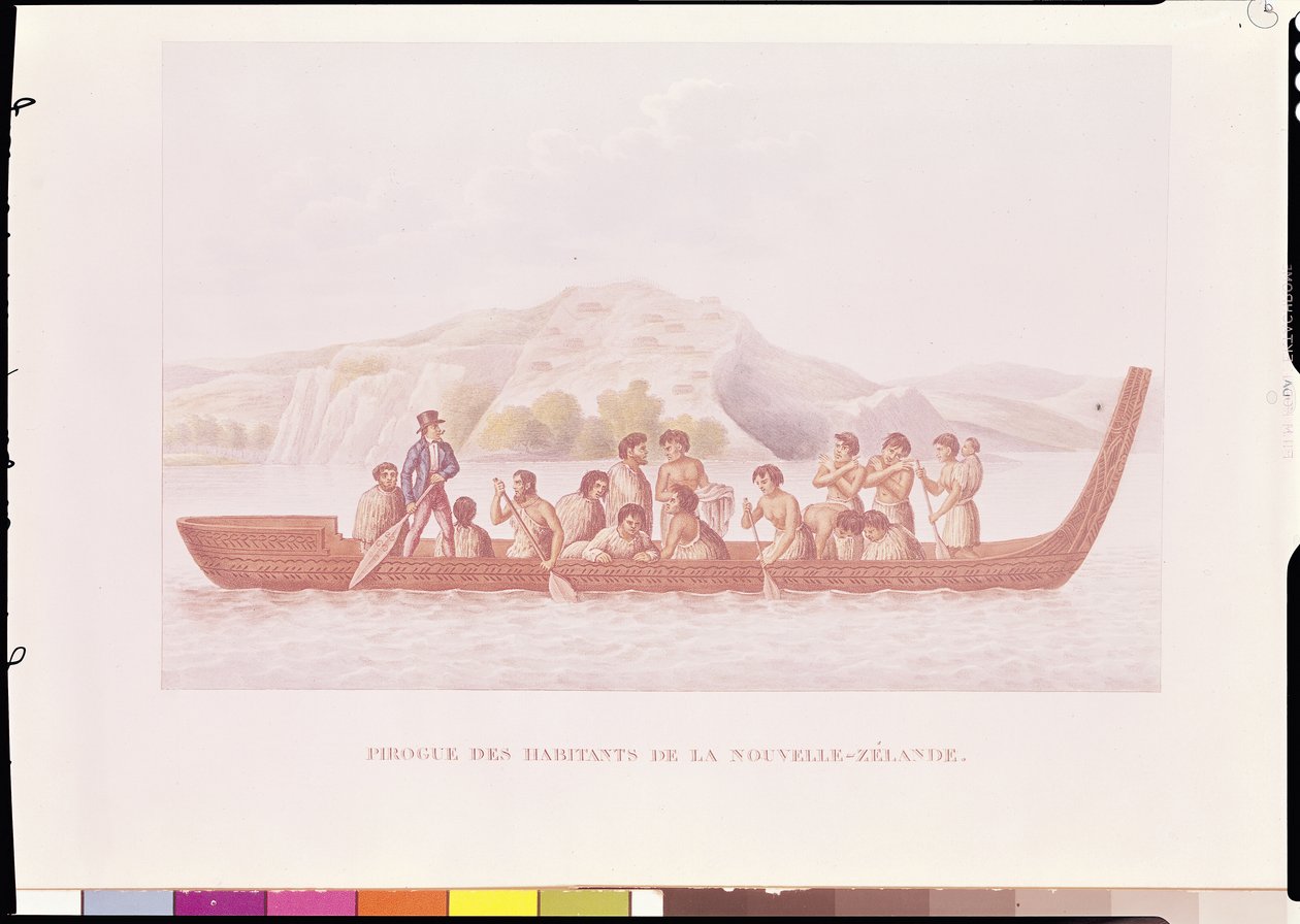 Vykopávaná kánoe pilotovaná domorodci z Nového Zélandu, ilustrace z „Cesta kolem světa v Corvette La Coquille“ od Louise Isidora Duperreyho (1786-1865) od French School