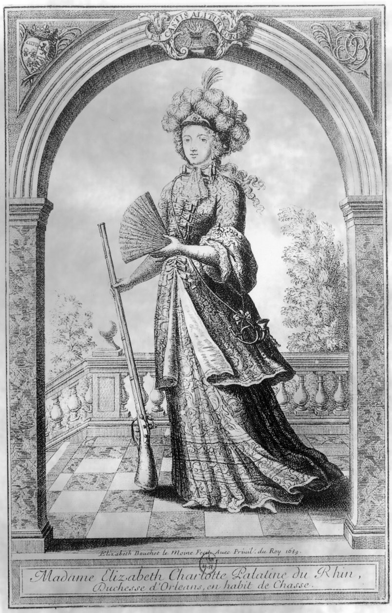 Alžběta Charlotte Falcká, vévodkyně z Orleansu, v loveckém kostýmu, 1689 od French School